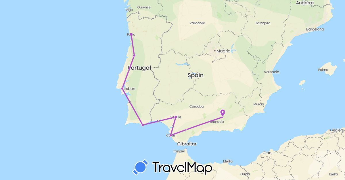 TravelMap itinerary: bus, train in Spain, Portugal (Europe)